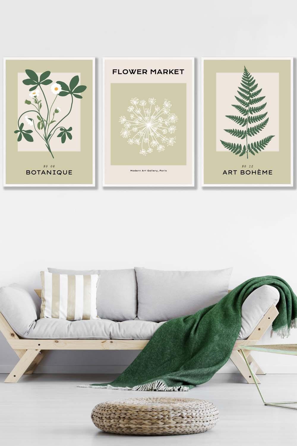 Set of 3 White Framed Vintage Graphical Green Botanical Wall Art